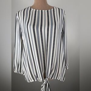 LOFT Striped Long-Sleeve Tie-Front Blouse - White, Black & Gray